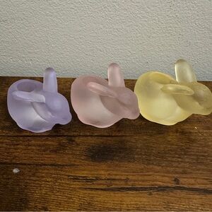 Set Of 3 FrostedPastel Satin Glass Bunny Small Taper Candle Holders Spring Decor